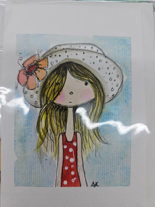 Original Hand Painted Greeting Card Girl in a Hat